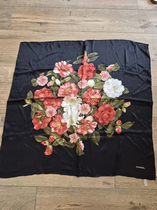 CHANEL Black  Scarf, Pink, Red & White Camellias, 33