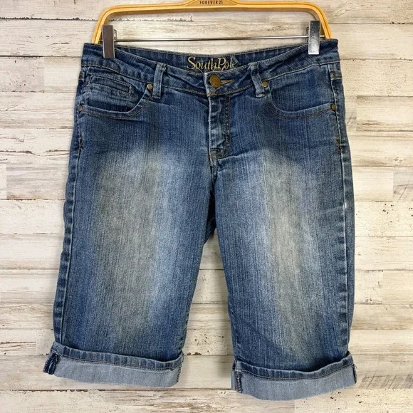 SouthPole Shorts Women 7 Blue Denim Streetwear Jorts Low Rise Cuffed Y2K McBling