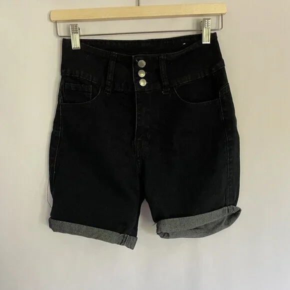 V.I.P. dark blue denim casual high rise summer shorts buttons pockets comfort