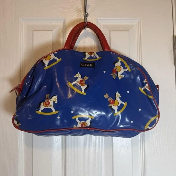 Vintage GEAR Inc Rocking Horse Bear Bag 1985 Red Blue Kid Youth Travel Zipper‎