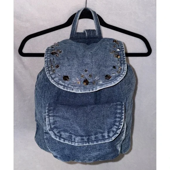 NWT Joe Boxer Denim Backpack Featuring An Embellished Flap W/‎ Beads Accents Y2K