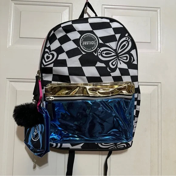 NEW Justice Sport Girls 17in Blue, Pink, Blk‎ Bookbag-Backpack  Checkered