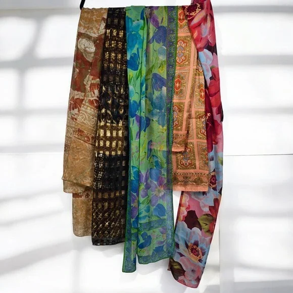 Sheer Scarves Lot of 5 Floral Geometric Print‎ Accent Woman Fashion Accessories