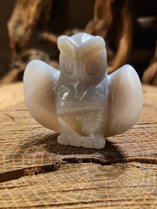 Carved Agate Owl Figurine - Gray and Cream Druzy Center