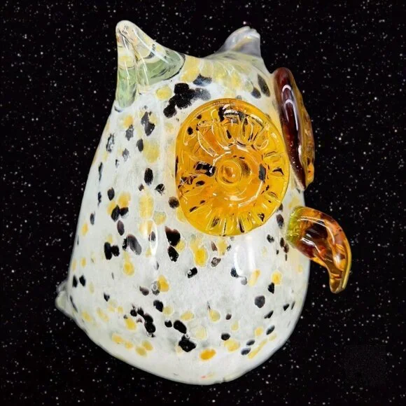 Hollow Owl Bird Art Glass Paperweight Figurine White With‎ Dots Amber Eyes Glass