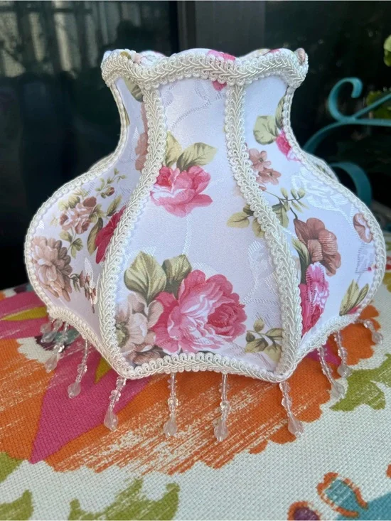Floral Bell Lamp Shade Pink Rose Fabric Beaded Fringe Cottagecore Victorian