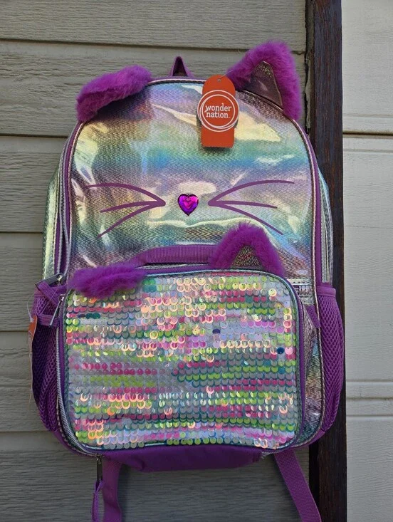 Wonder Nation Kids' Iridescent Purple Cat Backpack With lunch Bpx