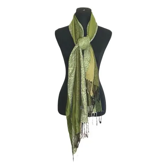 Pashmina Olive Green Paisley Fringe Shawl Wrap Scarf 23x72 Boho 100% Pashmina