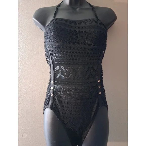 Black Crochet Lace Halter‎ One Piece Swimsuit with Side Button Accents Womens