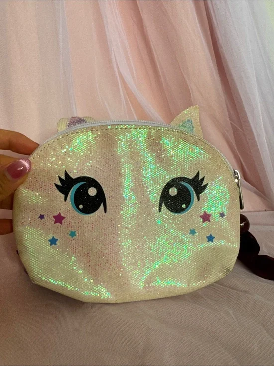 👛Y2K Justice Iridescent Unicorn Cat &Mac Sequin Zip-Around Makeup Bag Pouch Set