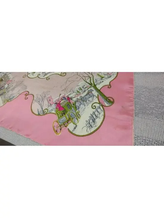 40s 50s Silk Pink Scarf CHRISTMAS WINTER SCENES Victorian Carriage Chartreuse
