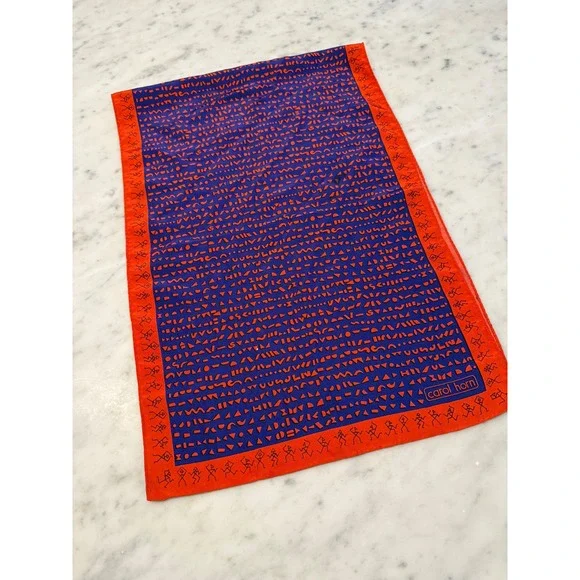Vintage Carol Horn Silk Oblong Scarf Purple Orange Geometric Stick Figure 15x41