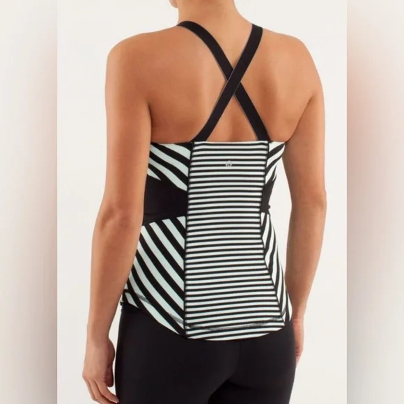 Lululemon Striped Work It Out Tank Women's 4 mint and black‎ Bra Built In Yoga✅