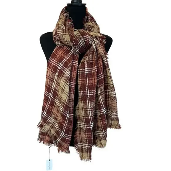 NWT Treasure & Bond Square Maroon Red & Brown Plaid Fringed Blanket Scarf OS