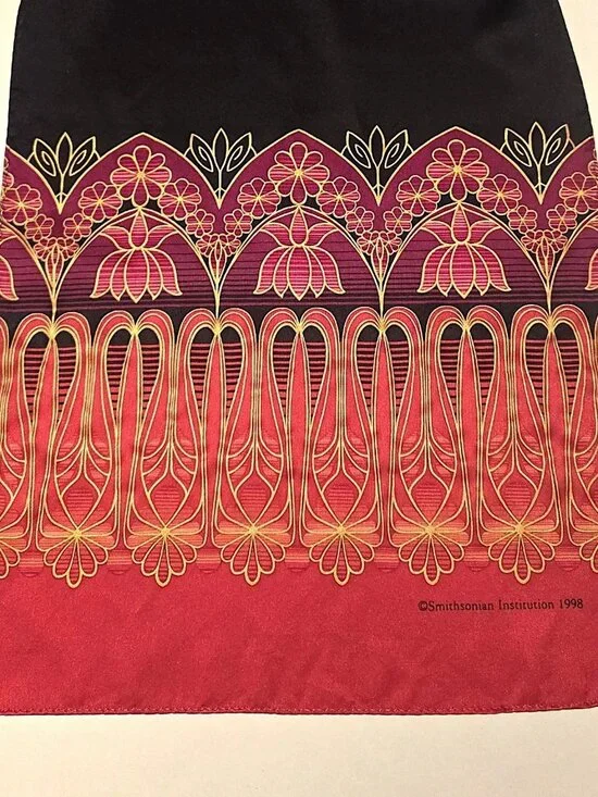 Scarf; Art Nouveau design in black red gold fuschia; rectangle; Smithsonian Inst