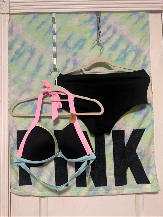 PINK vs Black Bikini Set with tie dye towel