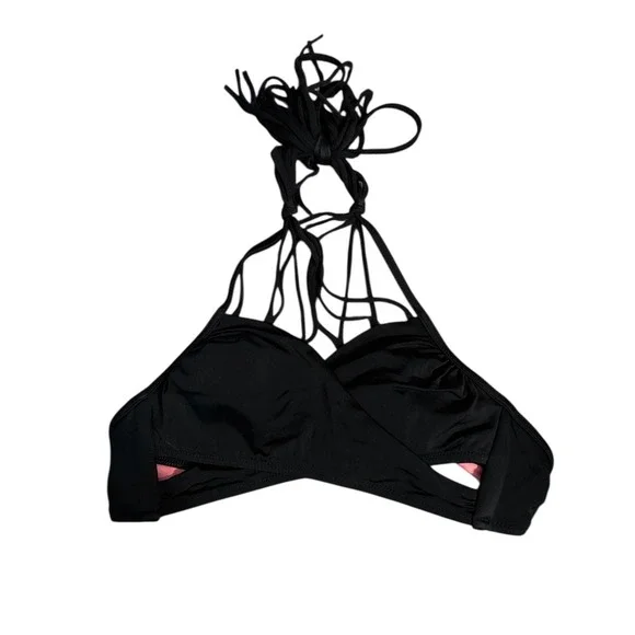 Victorias‎ Secret PINK Black Wrap Halter Bikini Top Strappy Cutout XS