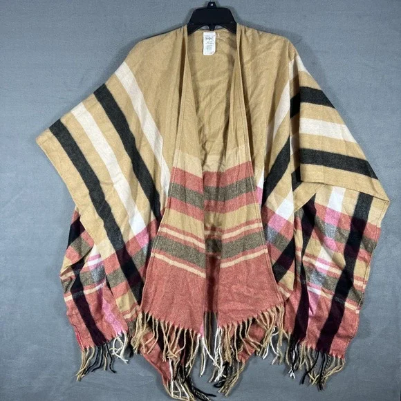 Woolrich Women's Tan Striped Plaid Fringe Open Front Poncho Wrap Shawl One Size