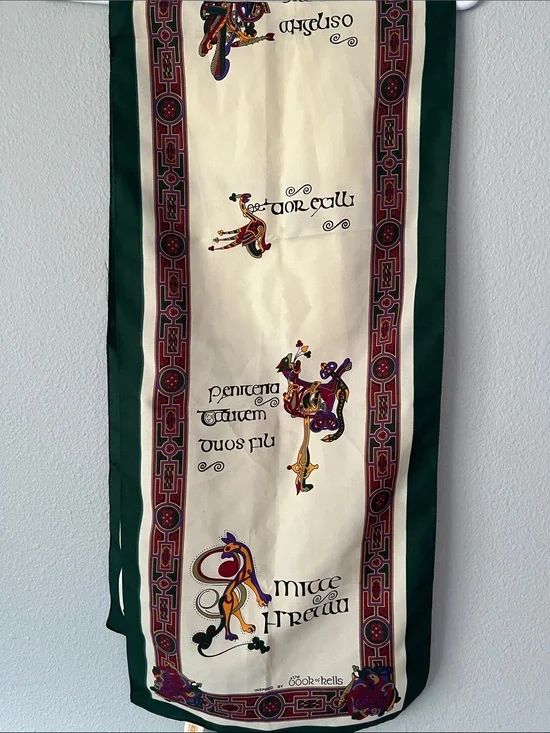 Irish Inspired Cream Scarf with Green Border and Multicolor Celtic Motif