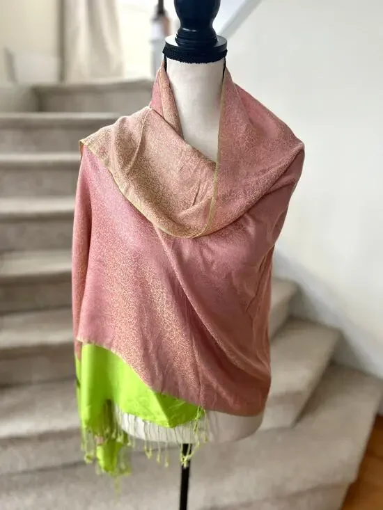 Pashmina Scarf Wrap Warm Pink & Lime Green Reversible Floral Swirl
