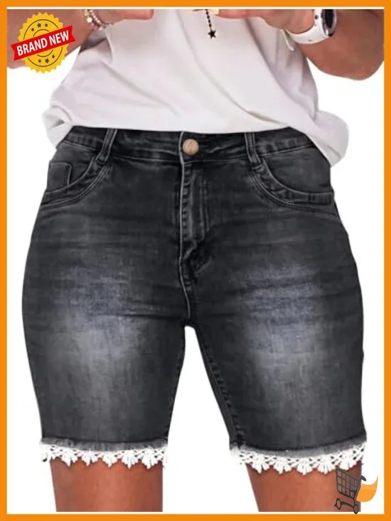 Mid Waist Bermuda Denim Shorts with Lace Trim Stretchy