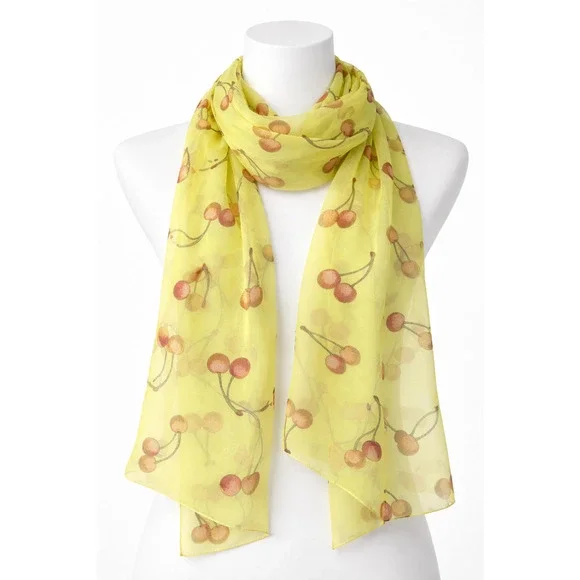 Sheer Cherry Print Scarf Yellow Fruit Novelty Y2K Retro Lightweight Wrap Scarf