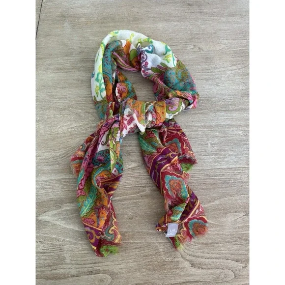 J. Jill Wool Paisley Scarf Wrap Multi-Color Pink Green Orange 70x25