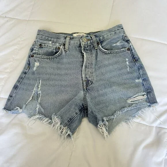 Agolde‎ Long Parker Distressed Denim Shorts Light Wash Button-Fly Womens 24