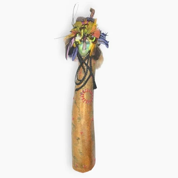 Native American Gourd Spirit Doll Mask Art Feathers Fur Vintage