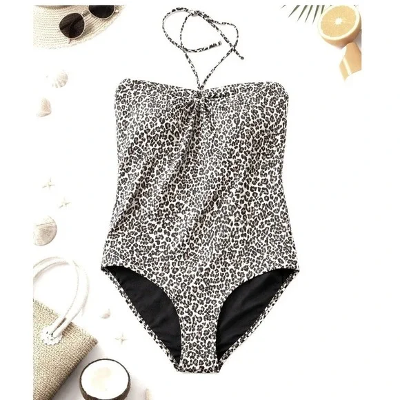 Albion Fit‎ Women XL Leopard Print One Piece Swimsuit Bandeau Halter Twist New