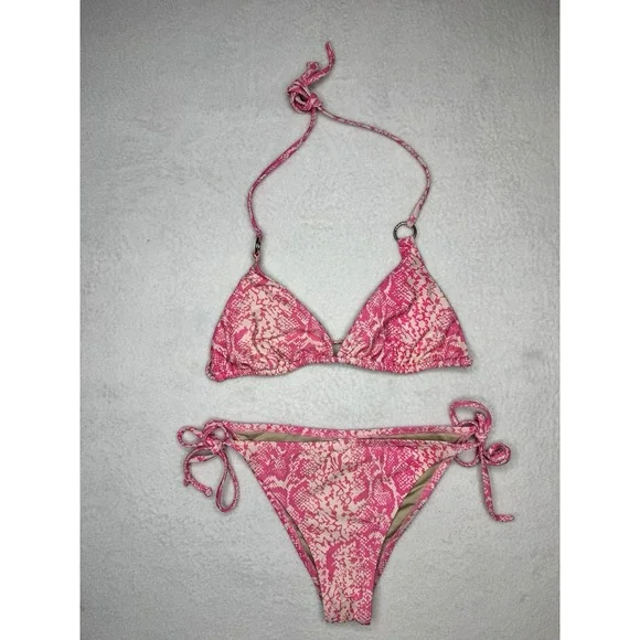 Relleciga‎ Bikini Set Sz S Pink Pattern Tie Side 2 Piece Swim