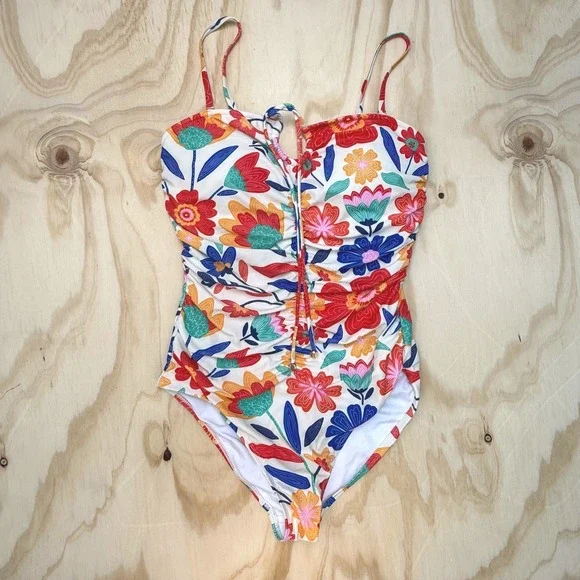 Floral One Piece Swimsuit Ruched Drawstring Padded Multicolor Retro Size M