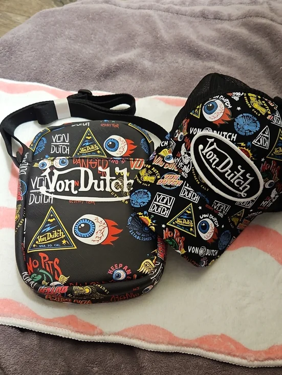 Von Dutch Black Crossbody Bag with Colorful Graphic Accents 2 Piece Bag And Hat