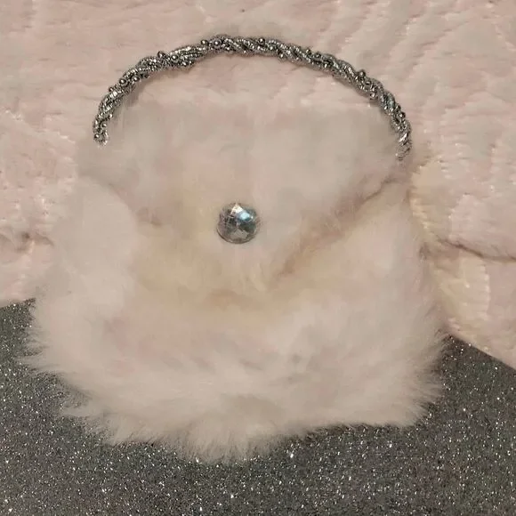 Soft White Faux Fur Purse Small Silver Handle Bling Detail Satin Lined Holiday