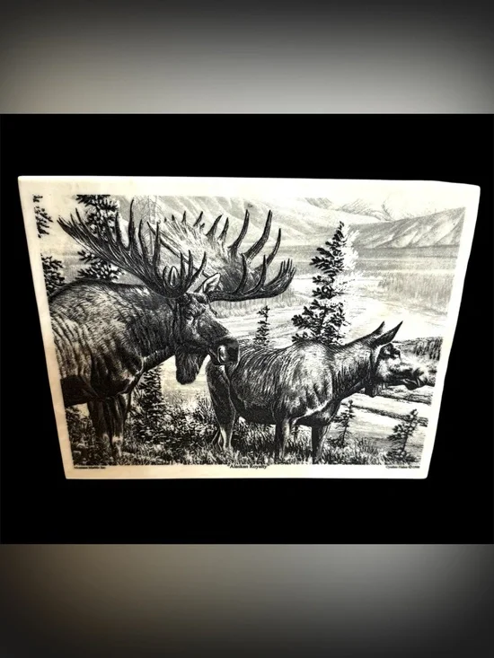 VTG 1998 Cynthie Fisher Alaskan Royalty  Montana Marble Inc. Tile Art Moose