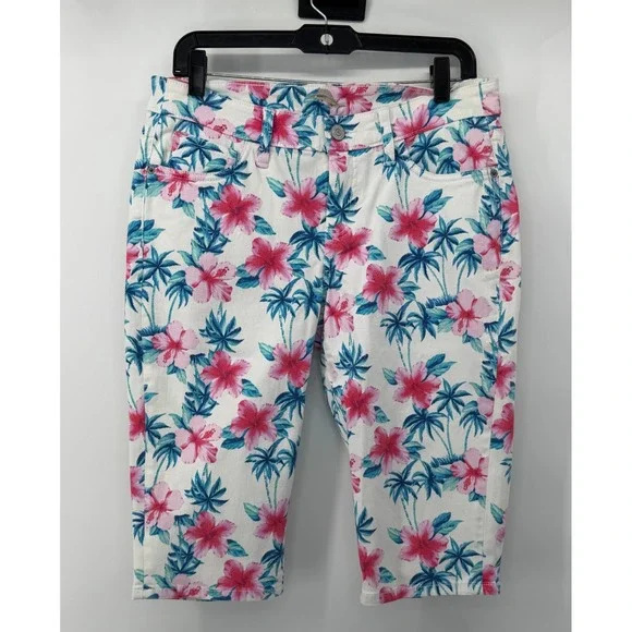 Tommy Bahama Boardwalk Floral Hibiscus Palm Tree Denim Shorts White Pink Blue 14