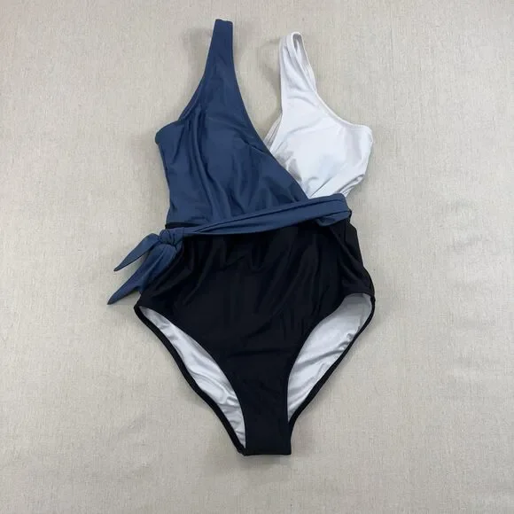 CUPSHE One Piece Swimsuit M Blue White Black Colorblock Wrap Tie NWT Medium