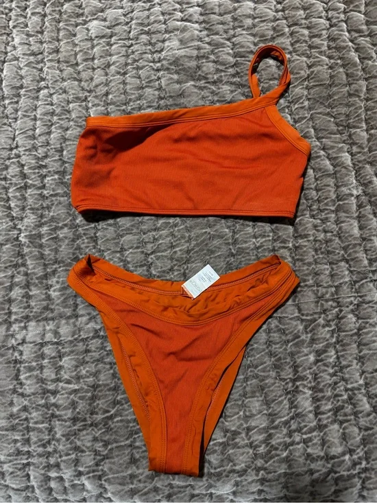 One-Shoulder Ribbed Bikini Set in Burnt Orange