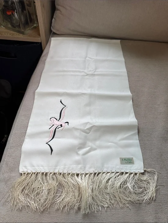 Vintage Cream Scarf with Pink and Black Embroidered Detail