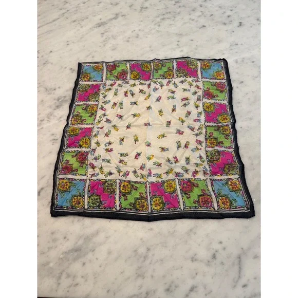 Vintage Paisley Geometric Silk Scarf Pocket Square Multicolor Retro Boho 17x16