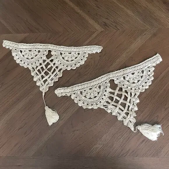 Vintage Crochet Curtain Tie Backs Handmade Off White Lattice Pair Tassel READ