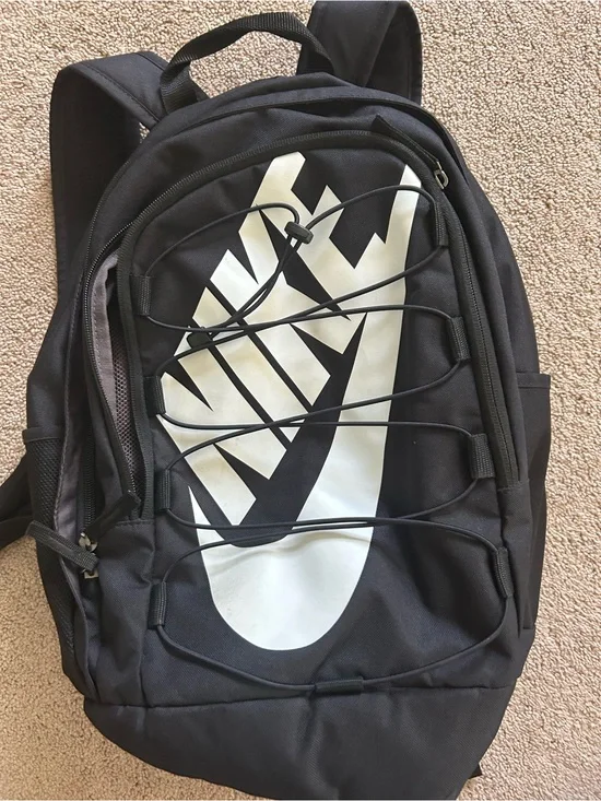Nike Black Backpack with White Logo and Bungee Front