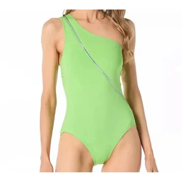 Michael Kors Zip Front One Shoulder One‎ Piece Swimsuit Green Apple Size 6 NWT
