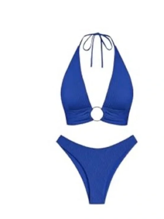 Zaful Royal Blue Ribbed Halter Ring Bikini