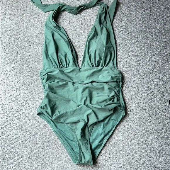 Cupshe Sage Green Halter Ruched One-Piece Swimsuit