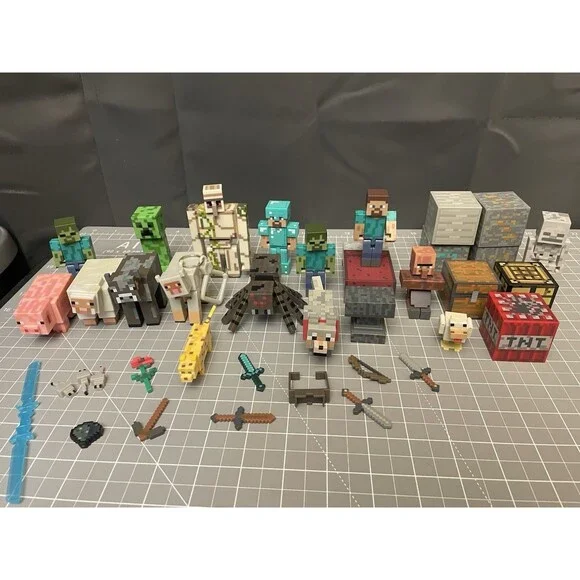 Minecraft Figures Lot Of 38 Animals Blocks Bed Weapons Jazwares Mojang