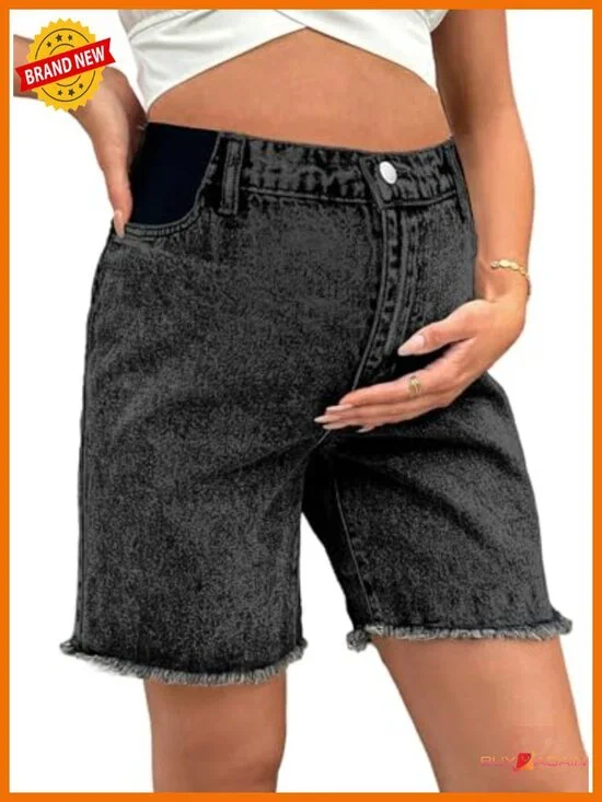Maternity Bermuda Shorts Bump-Friendly Stretchy Raw Hem Summer Denim with