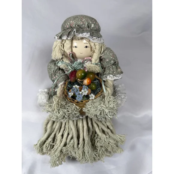 Vintage Mop Doll Shelf Sitter Yarn Porcelain Head WINDS UP PLAYS MUSIC Unique
