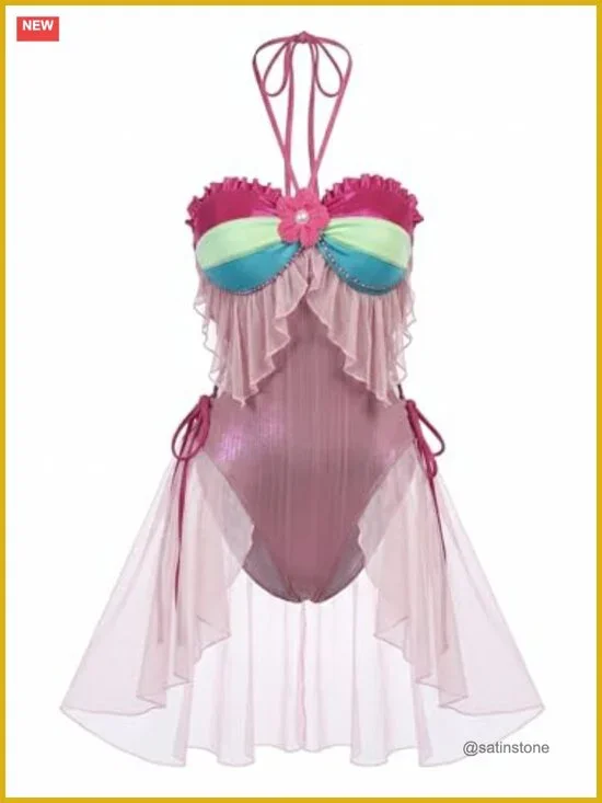 One Piece Swimsuit Halter Bathing Suit with Sleeves Cosplay Rave Outfit