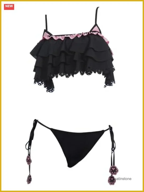 Gothic Y2k Bikini Set with Cat Ears Ruffle Flounce Tie Side Swimsuit